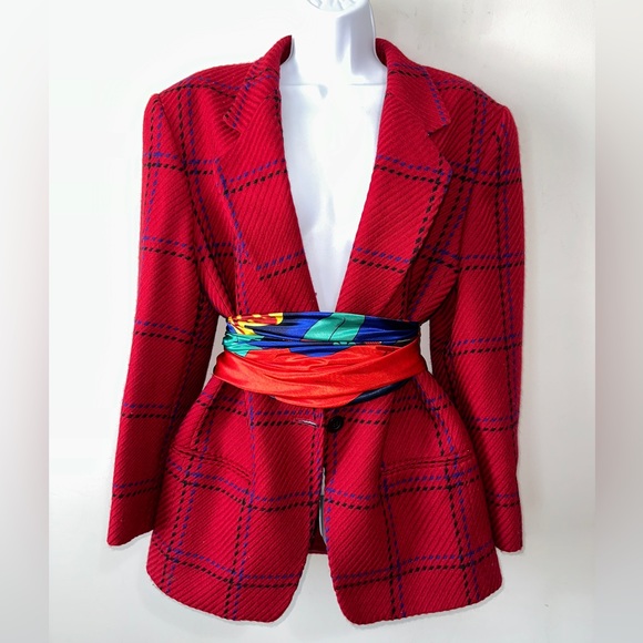 Vintage  Red Wool Pane Style Plaid Blazer By BERNARD HOLTZMAN Size 14 - Picture 12 of 13